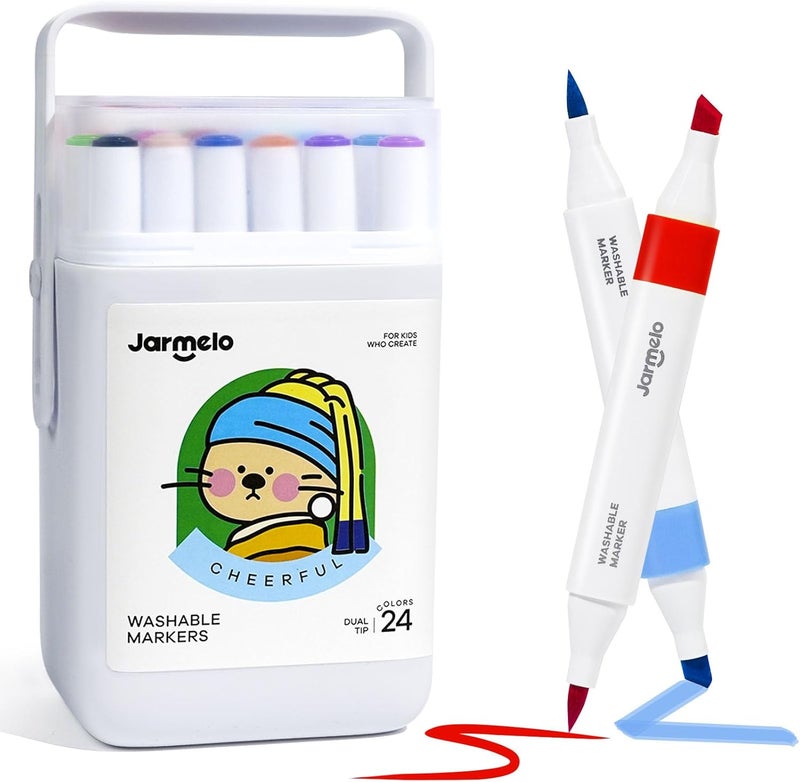 JARMELO Washable Dual Tip Markers for Kids Ages 4-8, Brush & Chisel Tip, Water-Based Coloring Markers, Double-Tipped 24 Colors Marker Set with Storage Case, School Art Supplies for Boys & Girls 8-12 - Image 1